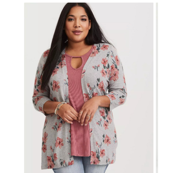 Torrid Heather Gray Pink Floral Cardigan Sweater Size 4 Open Front Knit Floral - Picture 1 of 11